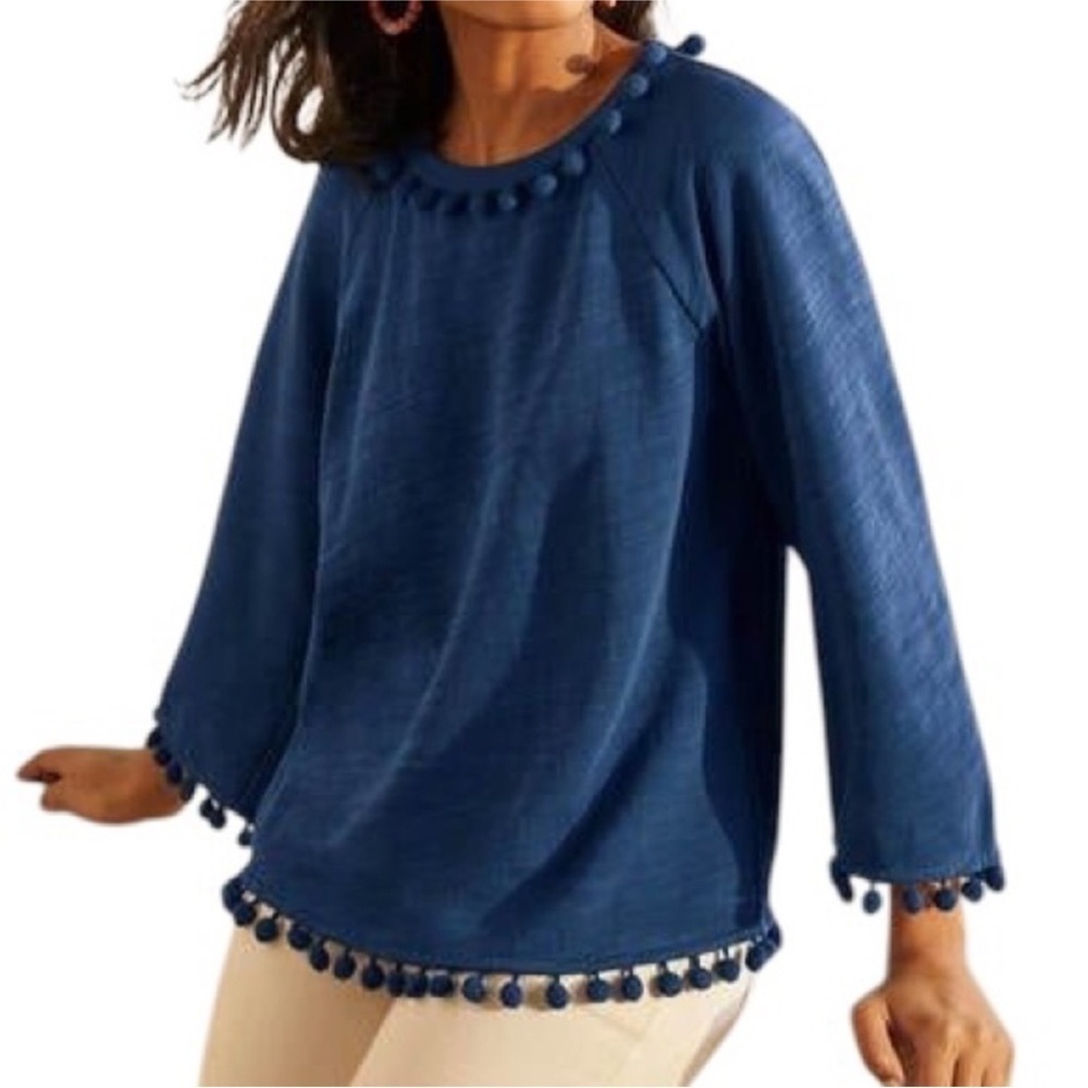 BODEN Women’s Layla Teal Pull Over Crewneck Puff Ball Trim Embellishment